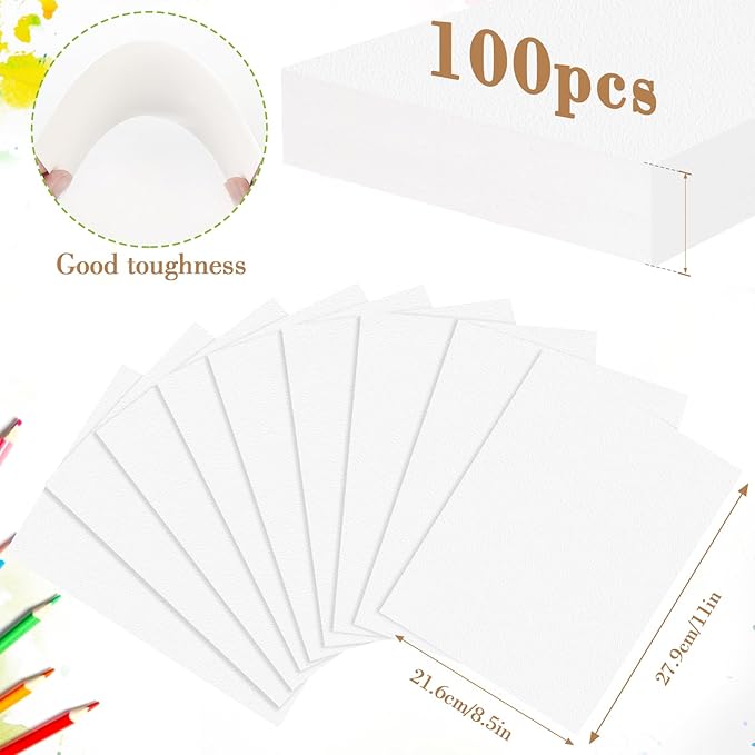 100PCS 8.5x11 Watercolor Paper Bulk, 140lb/300g Cold Press Thick Water Color Paper Pad for Kid Child Adult, White Art Paper for Drawing Painting Markers Gouache, Textured Cotton Paper Sheets