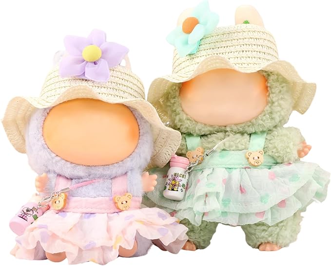 17cm Doll Clothes | Fashion Kawaii Chic Summer Set for Dolls | 4-Piece Outfit with Straw Weave Sun Hat, Floral Decor, Green Floral Dress & Mini Water Kettle (NO Doll)