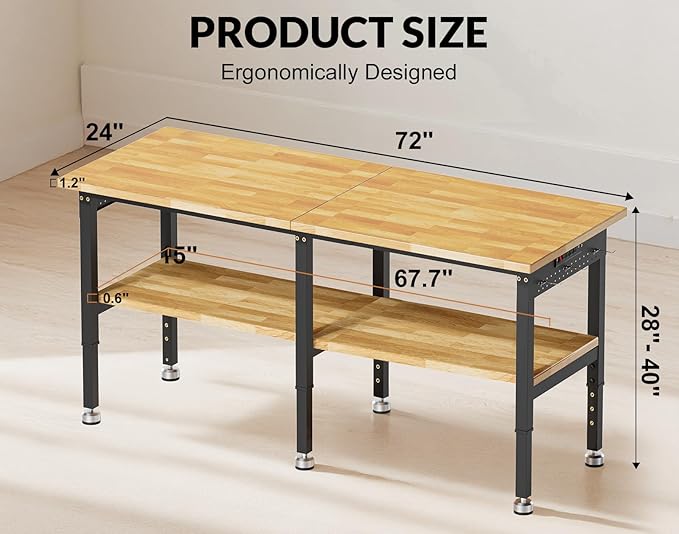 72”Heavy Duty Work Bench, 2-Layer Adjustable Workbench, 5000 LBS Capacity Work Bench with Power Outlet & Pegboard, Rubber Wood Work Table for Garage, Workshop, Office, Home