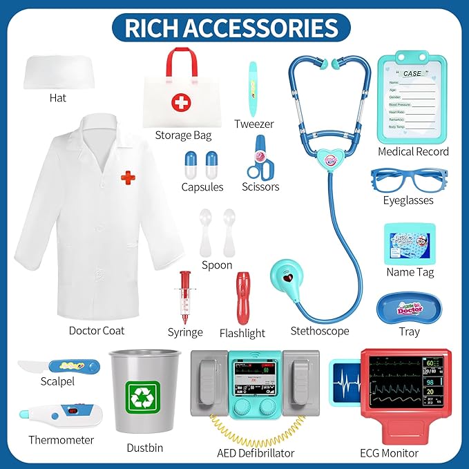 Doctor Kit for Kids, Pretend Doctor Playset for Toddlers with Cart, Costume and Stethoscope, Role Play Medical Toy for Girls Boys Toddlers 3-8 Birthday Gifts