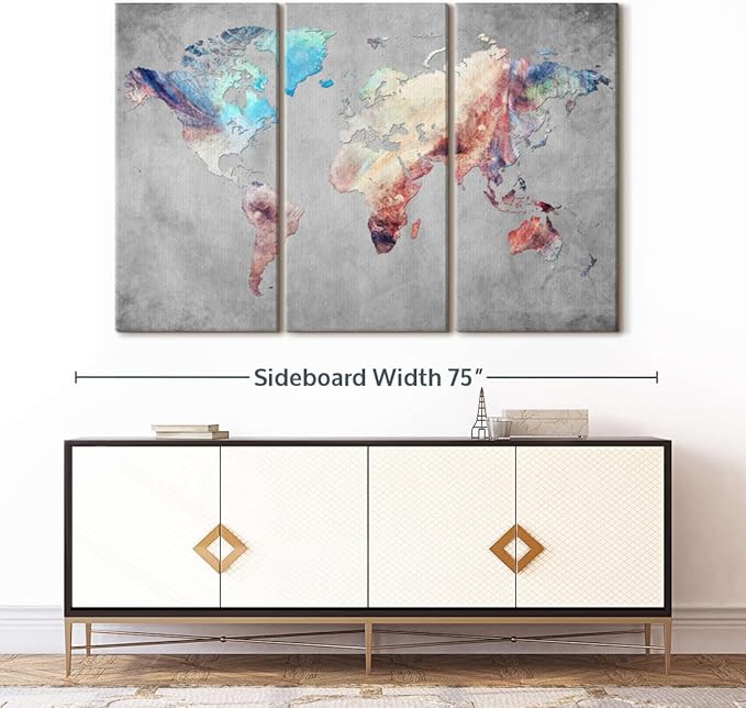 ElephantStock Artistic Touch World Map Multi Piece Canvas - 3 Panel Wall Decor - Map of the World Art - Canvas for the Office and Home - 65" X 42"