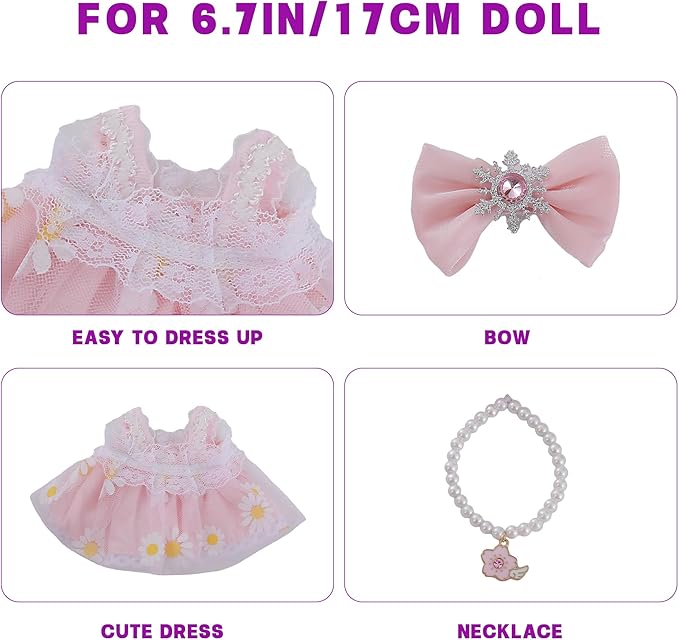 Pink 17cm Doll Clothes Set 3-Piece Doll Dress Set with Necklace and Bow Decor Accessories Clothes Only