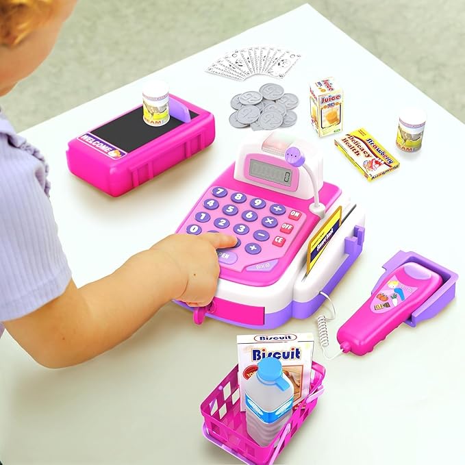 YMCtoys - Products Pretend Play Electronic Cash Register with Realistic Actions & Sounds - Pink