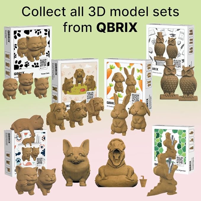 QBRIX Another 3 Cats 3D Puzzle for Adults, DIY Craft Kit for Home Decor, 3D Model Kit for Teens, Creative Gift for Boys & Girls 14+, Cardboard Model Building Kit