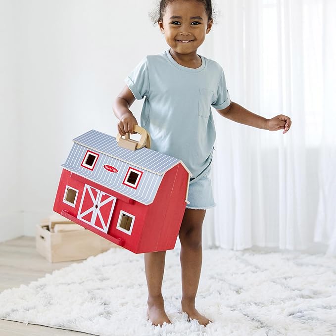 Melissa & Doug Fold and Go Wooden Barn with 7 Animal Play Figures - Farm Animals Barn Toy, Portable Toys, Farm Toys for Kids and Toddlers Ages 3+