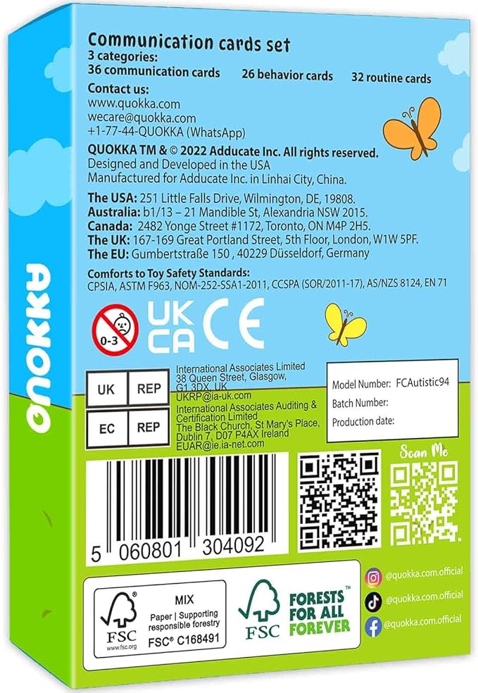 QUOKKA Autism Learning Materials - Communication Cards for Kids - 94 Visual Flashcards with 3 Rings & Clip