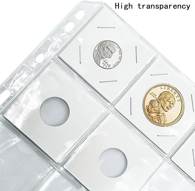 400 PCS Cardboard Coin Flips with 20 Sheets Coin Pocket Pages, 8 Assorted Sizes 2" x 2" Cardboard Coin Holders Coin Flips Coin Collection Supplies for Dime, Dollars, Penny, Quarter, Nickels Collecting