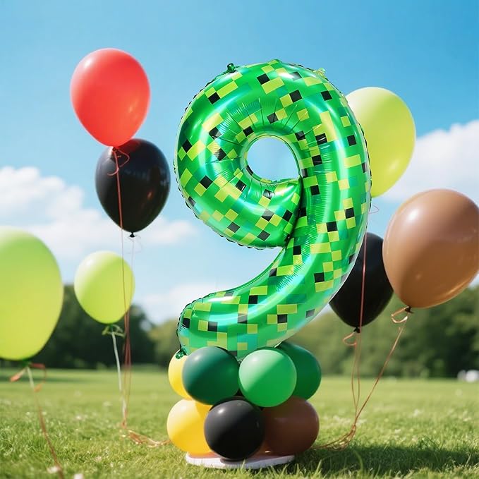 40in Pixel Giant Number 9 Balloon Birthday Decorations, Miner Theme Green Foil Balloons Blast Gaming Party Supplies