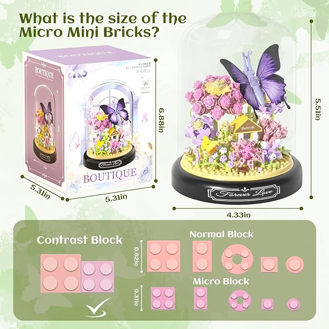 Flower Bouquet Building Set for Adults,582 PCS Animals Flowers Botanical Collection Mini Building Block Kit with Dust Cover,Butterfly Wildflower Bonzai Building Toys for Girl Women