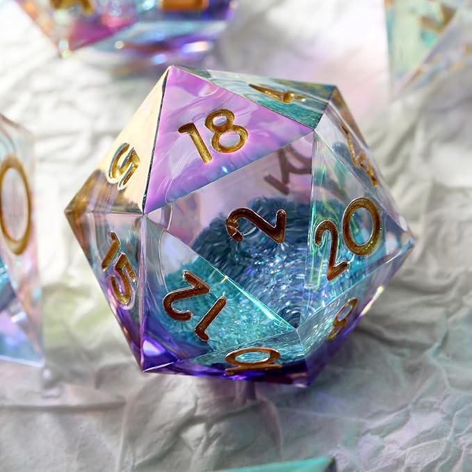 Iridescent Plating Glitter Liquid Core Sharp Dice, DNDND Handmade DND Resin Sharp Edge D&D Die with Gorgeous Gift Case for Dungeons and Dragon Tabletop Games (Iridescent Plating Liquid Core)