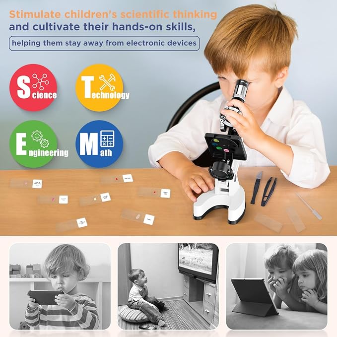 100X-1200X Kids Microscope Kit for Children: Compound Microscope for Kid STEM Biology Discovery - Science Experiments Microscopio Set with Metal Frame, Carrying Box Educational Gift for Child 8-12