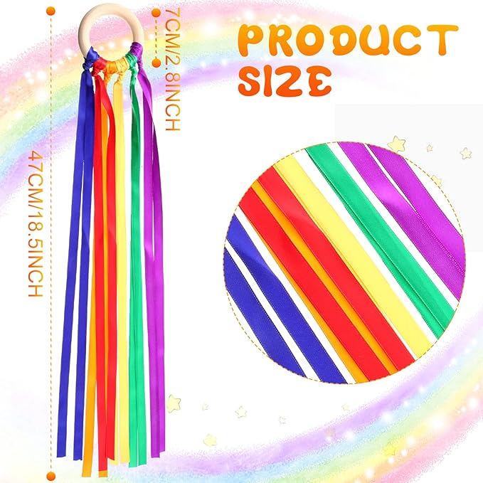 Sumind 6 Pcs Rainbow Ribbon Hand Kites Wands for Kids Dancer Streamer String Toy Thrown Waldorf Wand with Wooden Ring Wand Learning Educational(Vivid Colors)