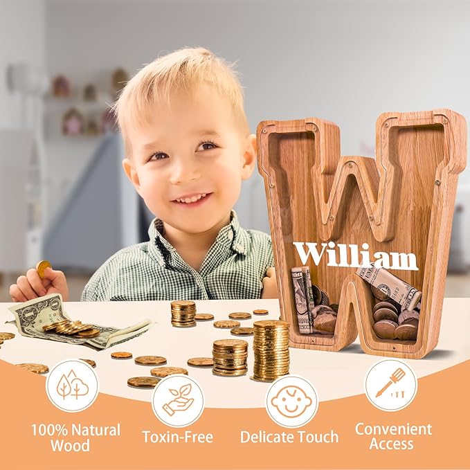 Wooden Letter Piggy Bank for Kids Larger Letter Piggy Bank for Boys and Girls Personalized Piggy Bank Initial Coin Bank Wood Kids Money Bank for Birthday and Festival