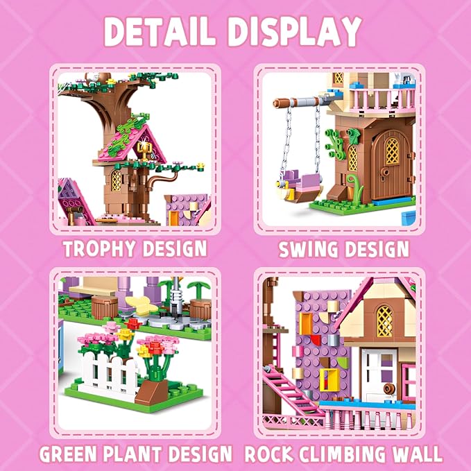 Fantasia Summer Tree House Building Blocks Multi Level Playset with Pool Rope Swing Bridge Creative Construction Toy for Kids Teens