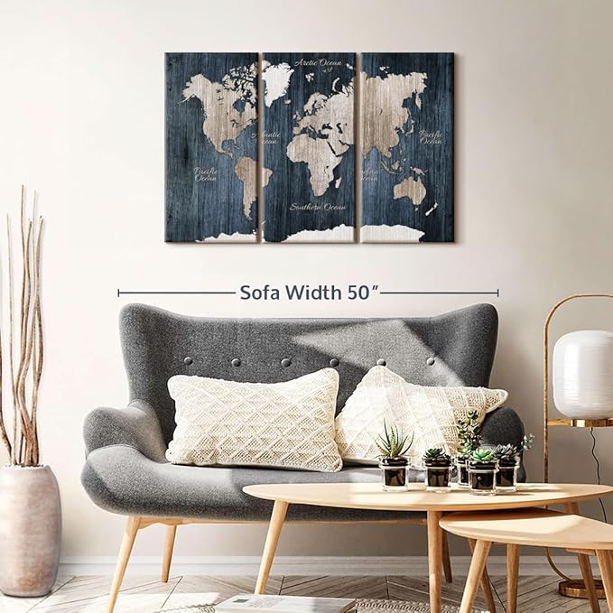 ElephantStock Aged Blue World Map I Canvas - 3 Panel Wall Decor - World Map Digital Art - Blue Wall Art - 38" X 24"