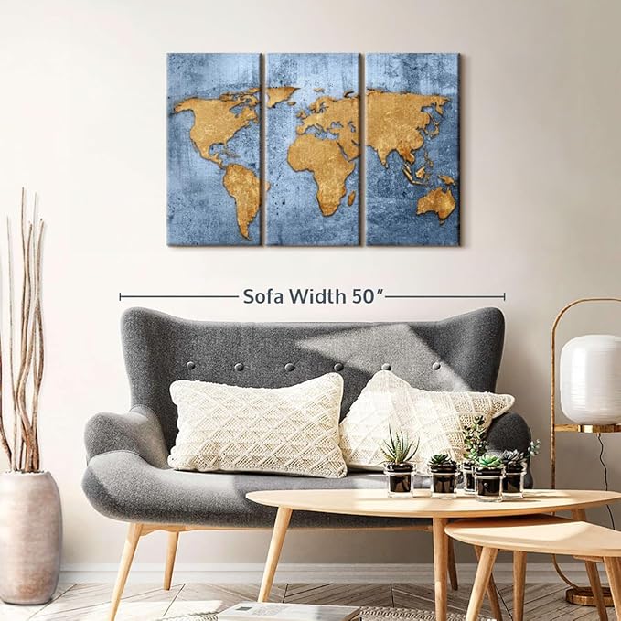 ElephantStock Azure World Map Wall Art Multi Piece Canvas - 3 Panel Wall Decor - Map of the World Art - Canvas for the Office and Home - 38" X 24"