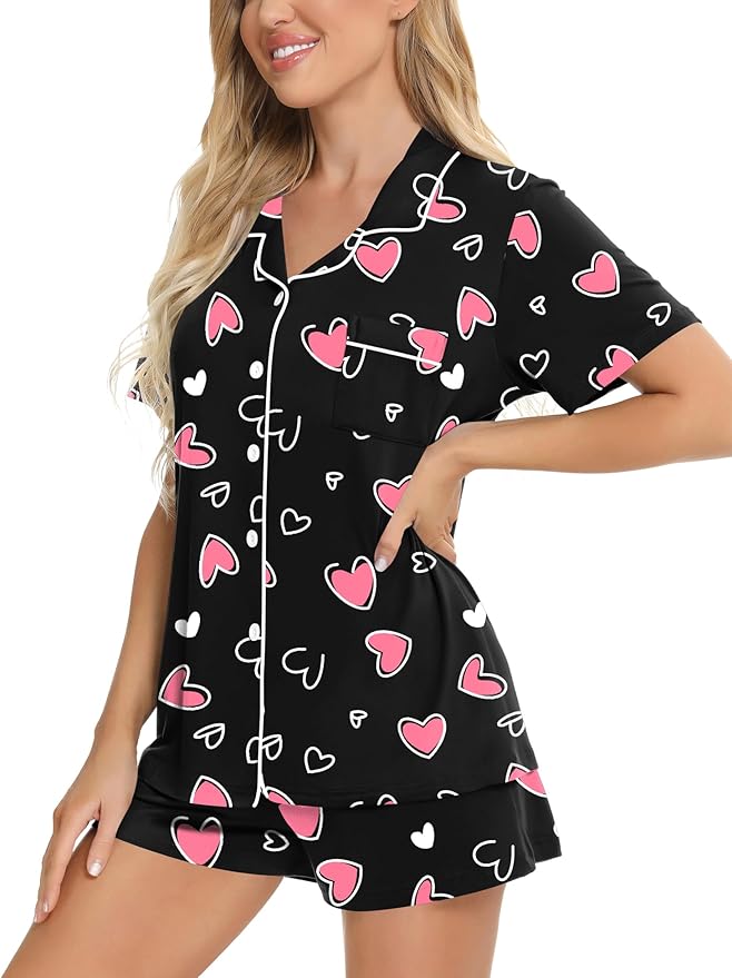 SWOMOG Womens Button Down Pajamas Set Short Sleeve Sleepwear Bride Soft Pj Lounge Sets XS-3XL