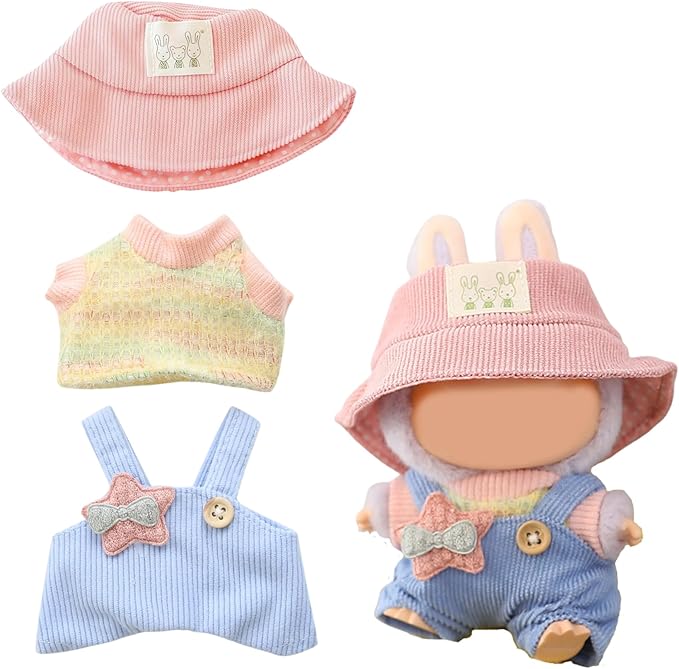 17cm Doll Clothes | Fashion Kawaii Chic Style Set for Dolls | 3-Piece Outfit with Colorful T-Shirt, Star Blue Romper & Pink Hat (NO Doll)