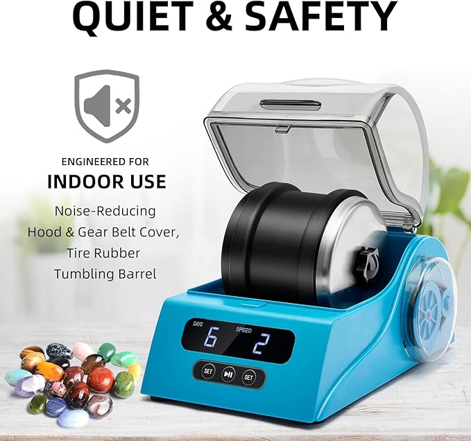 Rock Tumbler Kit Adults - Rock Polisher Tumbler with Noise Reduction Cover, Speed&Timer Control, Includes 4 Polishing Grits, Rough Gemstones, Learning Guide etc.(Blue)