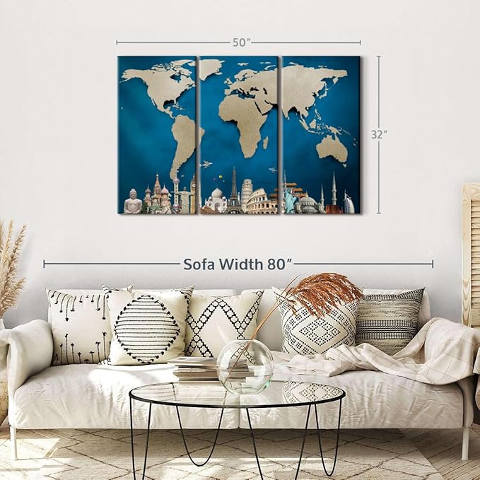 ElephantStock Ocean Blue World Map Multi Piece Canvas - 3 Panel Wall Decor - Map of the World Art - Canvas for the Office and Home - 50" X 32"