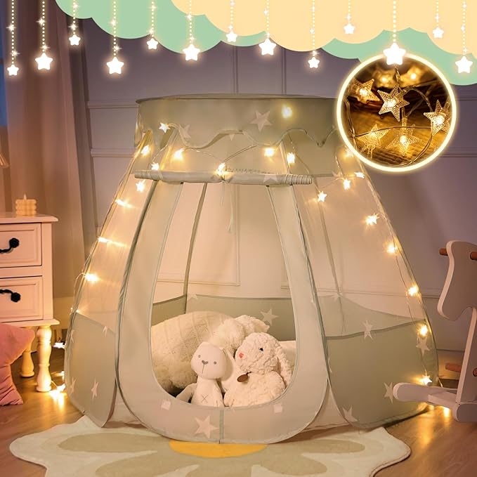 Pop Up Play Tent with Star Light：Neutral Toy for Boy Girl Birthday Gifts, Portable Ball Pit with Outdoor Carry Bag, Collapsible Kids Tent for Toddler Indoor Activity Playhouse,NO Balls(Green)