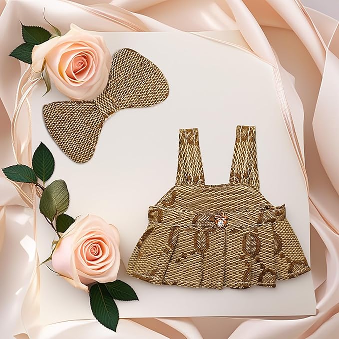 17cm Doll Clothes - Princess Dress with Velvet Hair Bow, Party Outfits for Plush/Blind Box, Luxury Chic Style Set, High-End Fashion Accessories (Brown Dress)