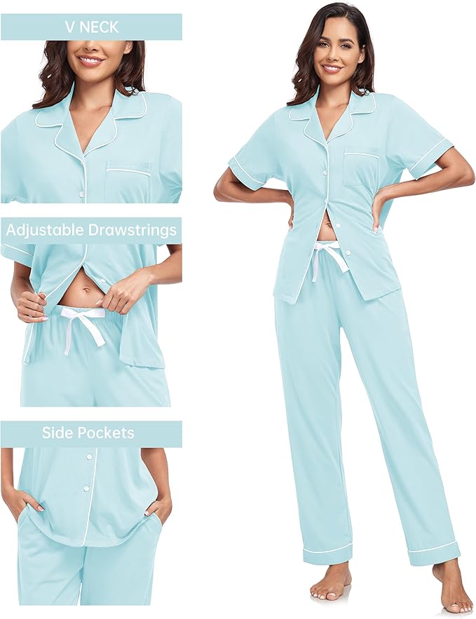 CF Womens 100% Cotton Pajamas Set Button Down Pjs Sets Short Sleeve Top & Long Pants Sleepwear Comfy Loungewear with Pockets