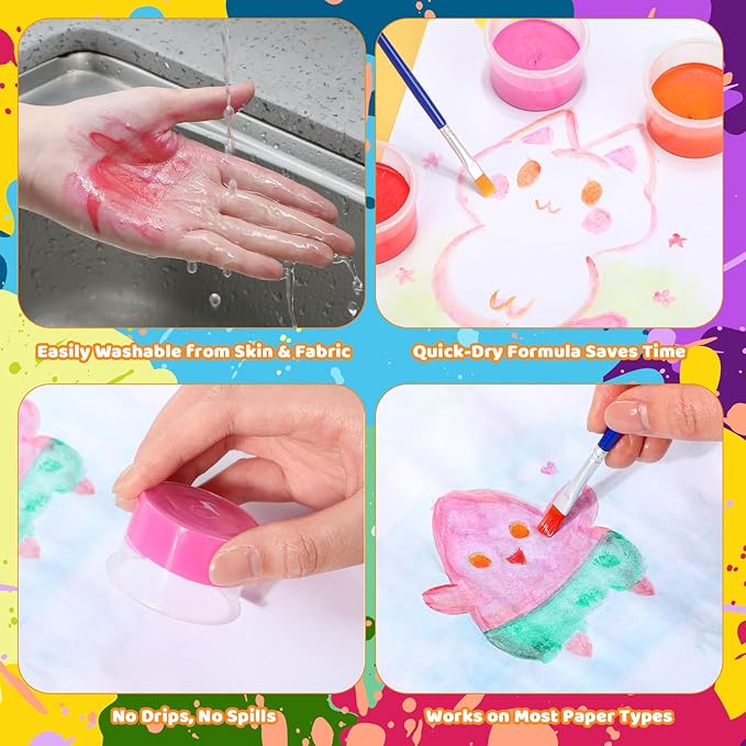 Nuanchu 60 Pcs Spill Proof Paint Set 12 Color Washable Paint for Kids Includes Brushes Craft Supplies for Paper Wood Poster Canvas Art Holiday Gift Kid Toddlers Ages 3+ (5 Set)