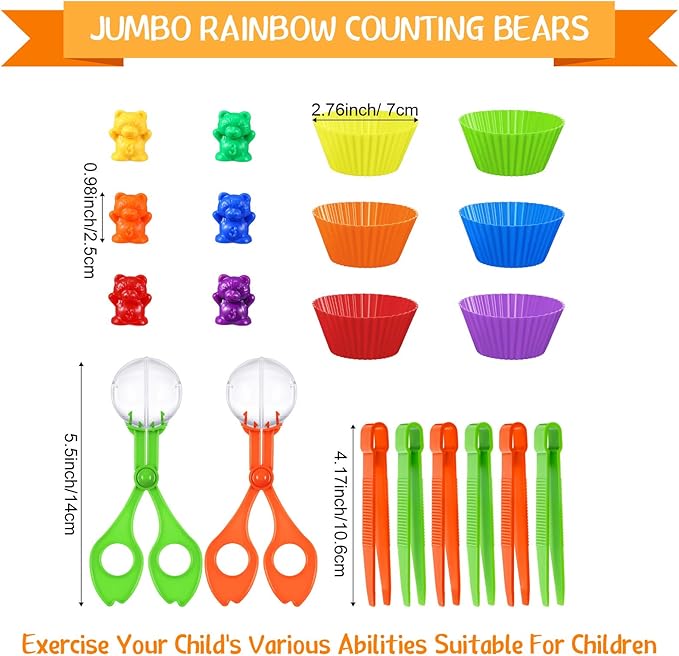 74 Pieces Counting Sorting Bears Sensory Bin Tools Fine Motor Skills Handy Scoopers Set Includes 60 Cute Rainbow Sorting Bears, 6 Jumbo Tweezers, 2 Scissors Clips and 6 Colorful Cups