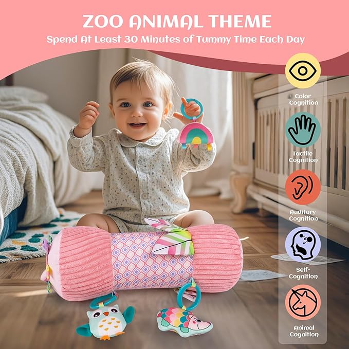 Inflatable Baby Tummy Time Toys Pillow for Newborn, Montessori Baby Sensory Toys Roller with Detachable Mirror, Squeaker, Teether & Rattle, Help with Early Development 3-6 Months (Unicorn)