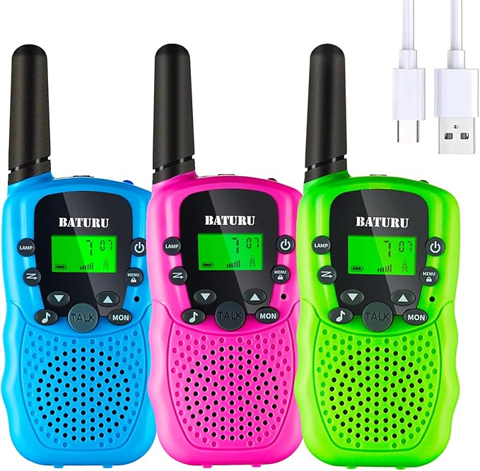 BATURU Rechargeable Walkie Talkies for Kids 3 Miles Long Range, 22 Channels Walkie Talkie with Clear Sound, Battery-Saving Kids Walkie Talkies 3 Pack, Stocking Stuffers for Girls Boys Age 5-10