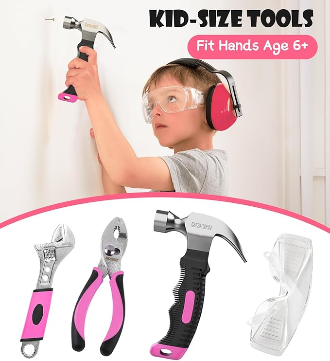 DOWELL 14 Pieces Kids Real Tools Pink Tool Set，Tool Kit with Storage Bag for Boys, Girls, Children DIY Building and Woodworking, Age 8+