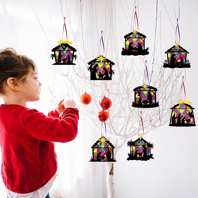 Renbuzhu 40PCS Christmas Crafts Bulk: Nativity Religious Paper Suncatchers DIY Kit for Winter Xmas Holiday Activities Decorations, Window Stained Glass Effect Art Ornaments