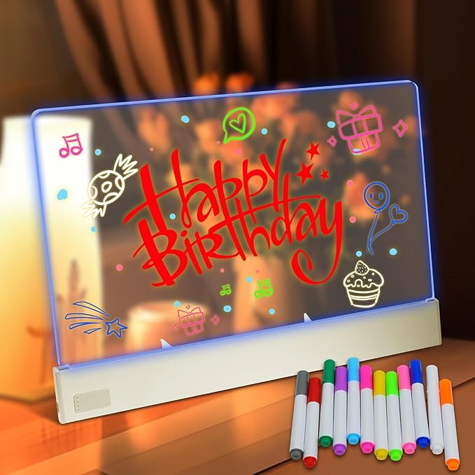 Doodle Glow, Led Drawing Board for Kids Aged 3 Above (Rechargeable Style),13.2"X10",7 Colors Doodle Glow Drawing Board, Include Led Board with Stand, 12 Markers, USB Cable