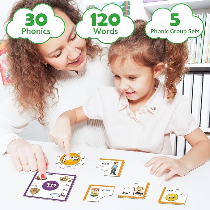 Torlam Phonics Puzzles Rhyming Games Phonics Games Flash Cards for Kids Toddler, Learn to Read Spelling Reading Sight Words, Short A E I O U Blends Site Words for Preschool Kindergarten Homeschool