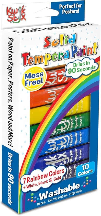 Kwik Stix Solid Tempera Paint Sticks, Washable, Rainbow Colors, 10 Non-Toxic Quick Drying, Allergen Free, Paint Sticks for Kids and Toddlers
