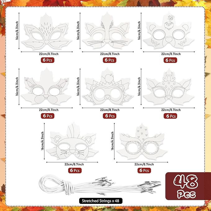 Funrous 24 Pcs Fall Craft Kits Autumn Maple Leaf DIY Mask Color Your Own Animal Blank Painting Paper Mask Thanksgiving Craft