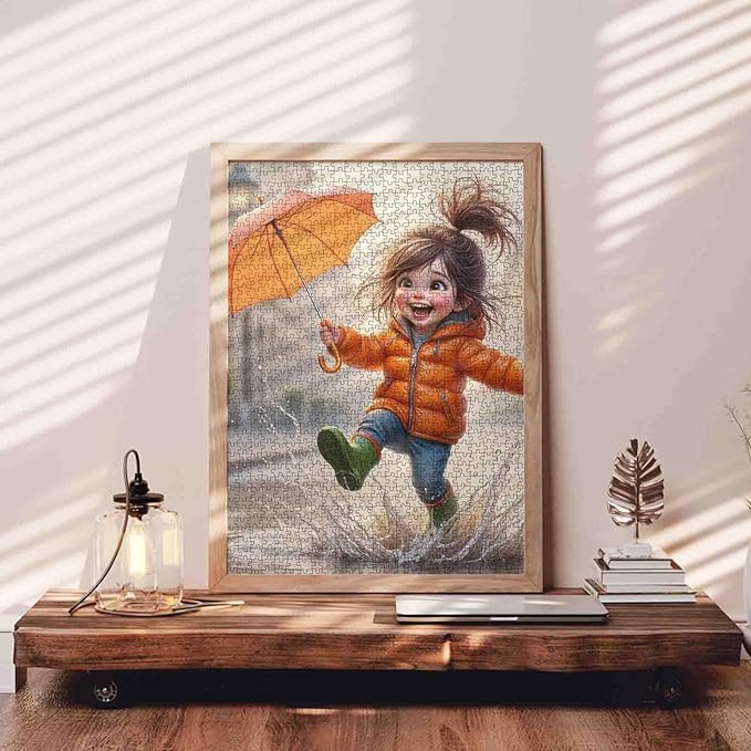 Tucocoo Cute 1000 Piece Puzzle for Adults, Happy Cartoon Girl Jumping in Rain with Orange Umbrella Jigsaw Home Decor, Whimsical Rainy Day Scene – Fun and Challenging Puzzles Gift for Women, Teens