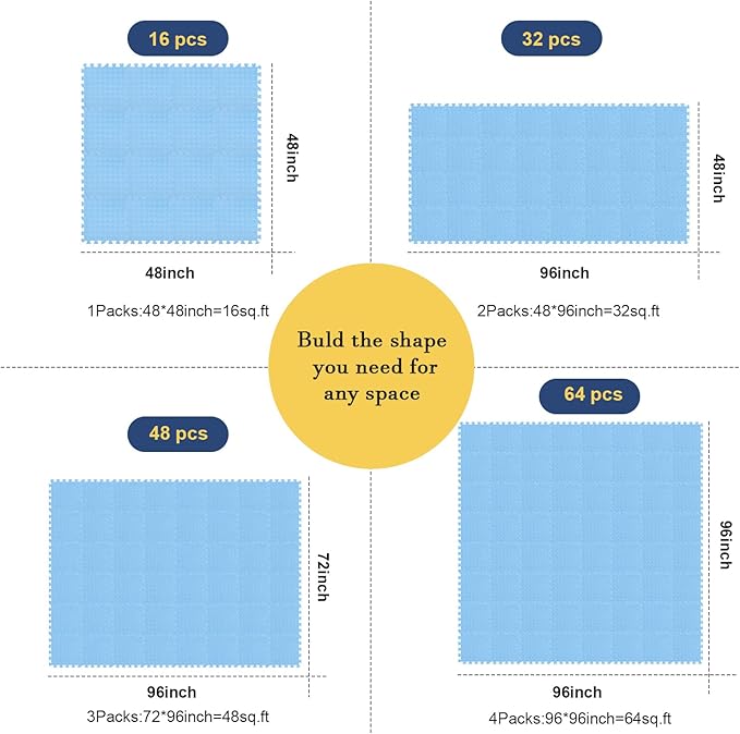 Shihanee 16 Pcs Foam Floor Baby Tiles 11.81 x 11.81 inches Foam Floor Mats Play Mats Bulk with Borders Interlocking for Kids Baby Playroom Nursery Gym（Blue）