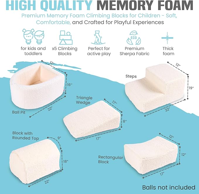 Foam Climbing Blocks for Babies & Toddlers – 5-Piece Soft Playset with High-Density Memory Foam & Lux Sherpa Cover – Indoor Climb and Crawl Activity Play Set for Motor Skills Development & Active Play