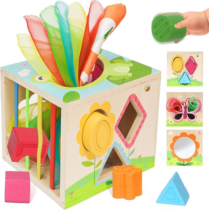 Ancaixin 6-in-1 Montessori Tissue Box Toy for 6+ Months Baby, Educational 1 Year Old Girl Boy Toys, Wooden Activity Cube, Puzzles 12-18 Months, Sensory Toys for Toddlers 1-3, Baby 1st Birthday Gift