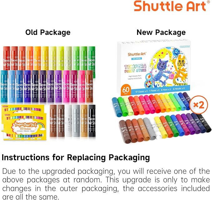 Shuttle Art Tempera Paint Sticks, 60 Pack, 2 Sets of 30 Colors Solid Tempera Paint, Washable, Super Quick Drying, Works Great on Paper Wood Glass Ceramic Canvas for Class School