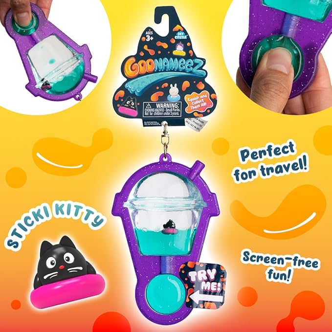 Goonameez Hand-Held Sensory Toy With Floating Characters - Mesmerizing Water Mix Fidget - Collect All 6 Unique Shapes for Squishy Fun, Perfect Travel! (Sticki Kitty)