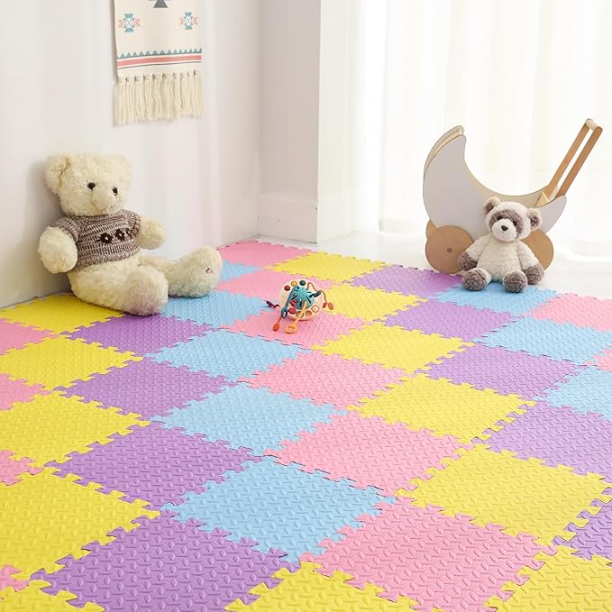 36 Tiles Foam Play Mat for Baby, 0.4 Inch Thick Foam Interlocking Floor Mats, Non-Toxic Baby Playmat, Solid Colored Puzzle Play Mat Kids Floor Mats for Toddler(Pink/Purple/Yellow/Light Blue)