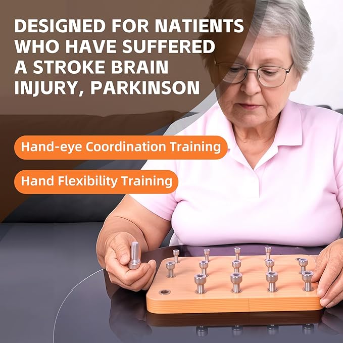 Beech Wood Occupational Therapy Wooden Pegboard with 15 Holes & 3-Size Bolts - Stroke Therapy Tools Equipment for Adults Fine Motor Skills, Hand Therapy Peg Board for Finger Dexterity Toys Exercises