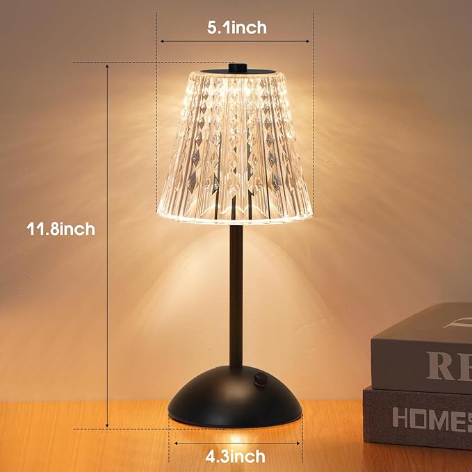 Cordless Touch Table Lamp, 3500mAh LED Rechargeable Small Dask Lamp, 3 Colors Dimmable Battery Operated Crysta Lamp for Bedroom Restaurant Kitchen Home Decor, Black