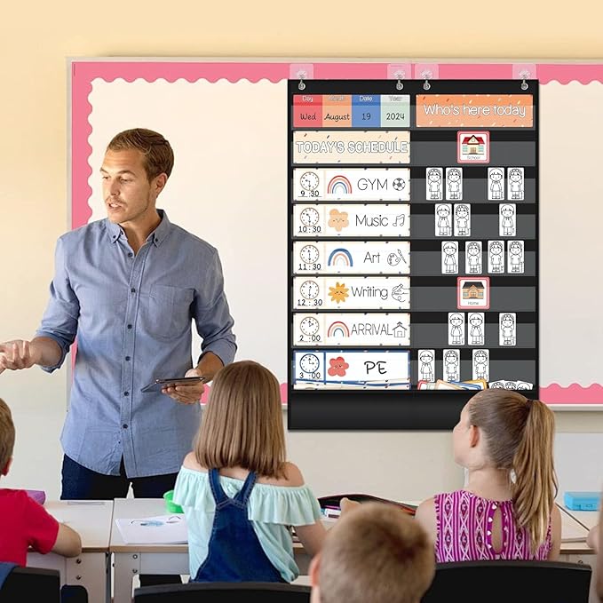 Daily Schedule Pocket Chart, Emotions Feelings Pocket Chart for Kids, Visual Schedule Chart Attendance Pocket for Classroom Office Preschool Activity(Lesson and Feeling Pocket-Black)