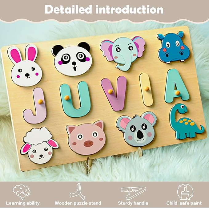 Personalized Name Puzzle for Toddlers - Custom Wooden Jigsaw Puzzles with Animals, Montessori Learning Toys, Baby Birthday Gift for 1, 2, 3 Year Old Boy or Girl (Name Puzzle-03)