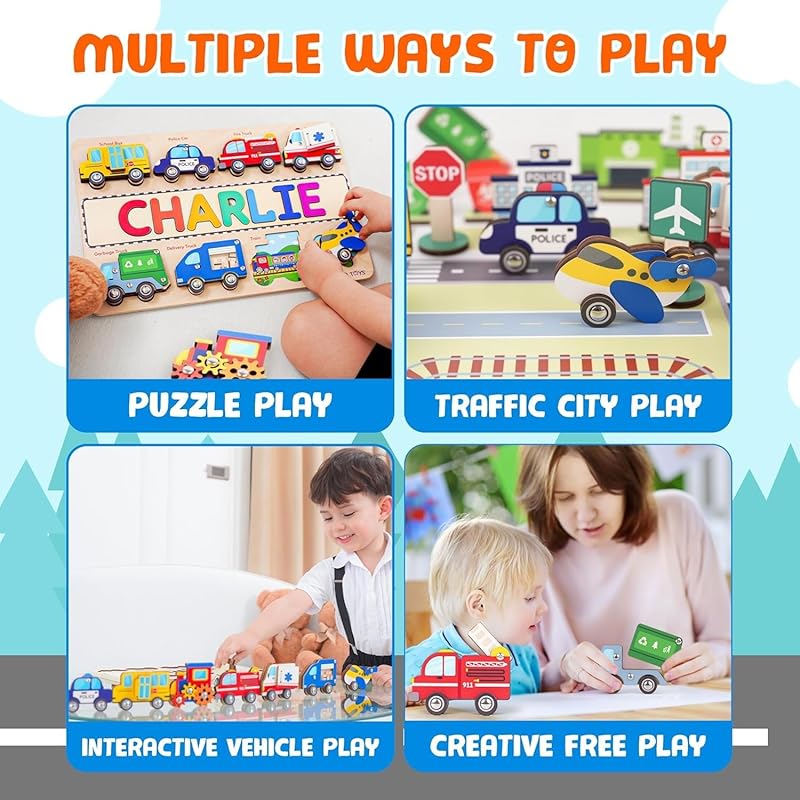 Personalized Wooden Name Puzzle for Toddlers 1-5 - Montessori Wooden Vehicle Sensory Toy, Custom Educational Gift for 2 Year Old, Cars & Trucks Toy for Toddlers, Ideal for Birthdays