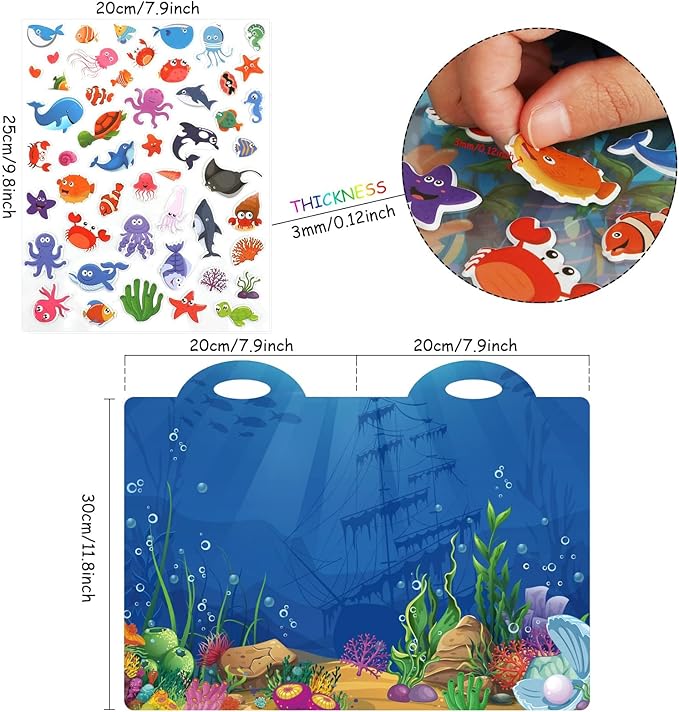 3D Sea Animals Puffy Sticker Play Set Kids 2-4 Toys Gifts Sticker Book Under the Sea Window Gel Clings Decals for Toddlers Home Airplane Classroom Nursery Ocean Party Supplies Decorations Removable 100 Reusable Puffy Stickers 2 Fold-Out Scenes